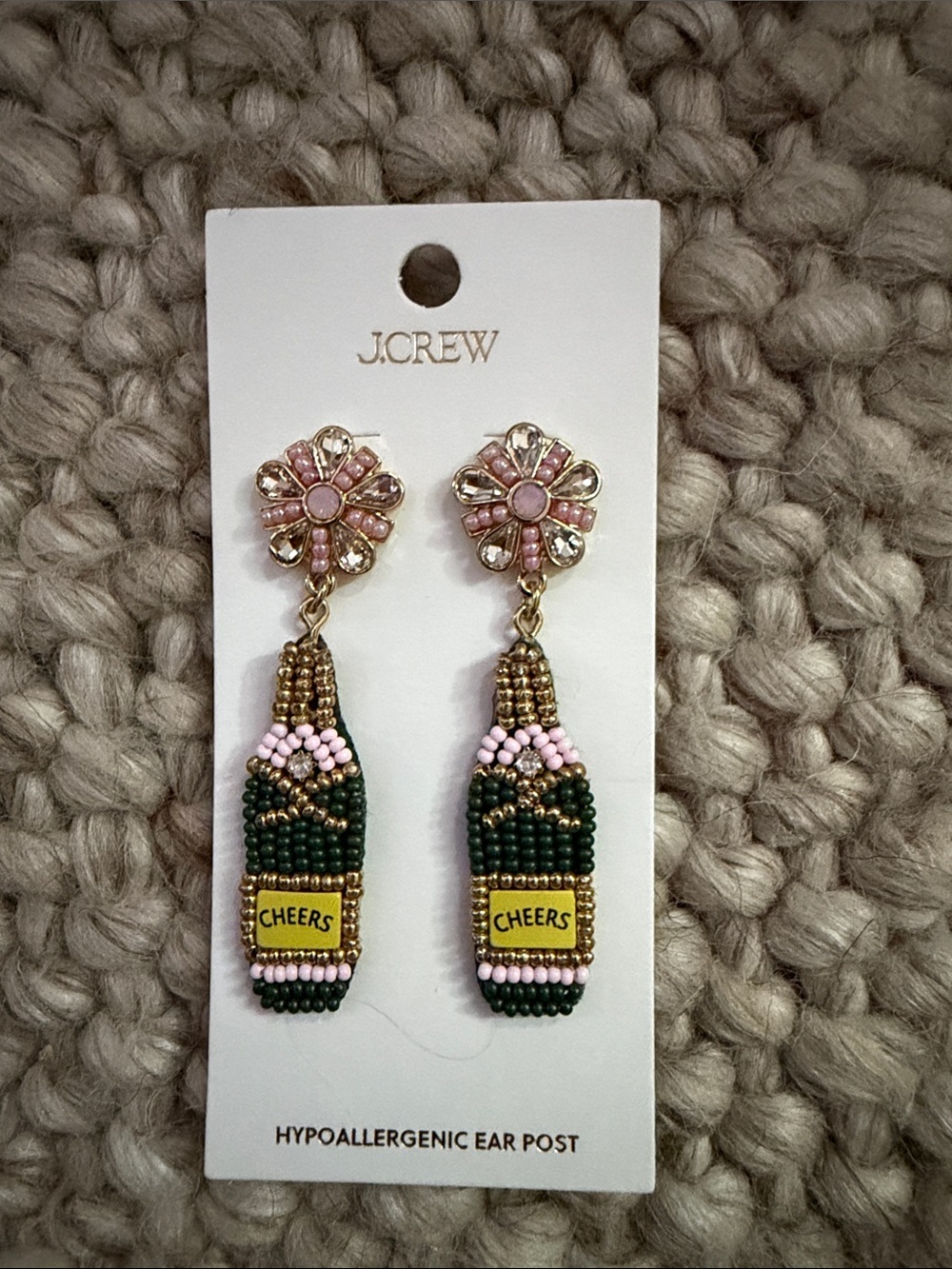 New J. Crew Pink and Dark Green Beaded 'Cheers' Bottle Drop Earrings